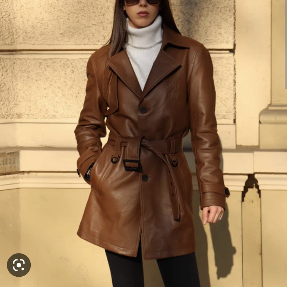 Rare buttery soft Jones New York brown leather short trench jacket Sz S